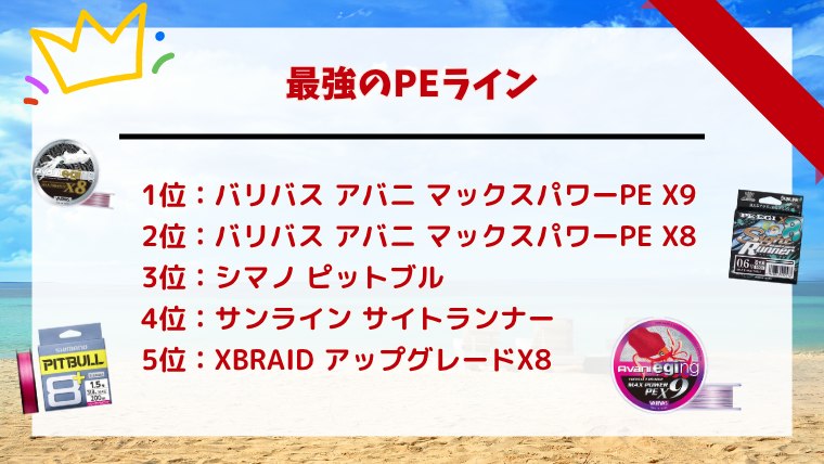 最強のPEラインランキング2026。1位バリバス アバニ マックスパワーPE X9、2位バリバス アバニ マックスパワーPE X8、3位シマノ ピットブル、4位サンライン サイトランナー、5位XBRAID アップグレードX8